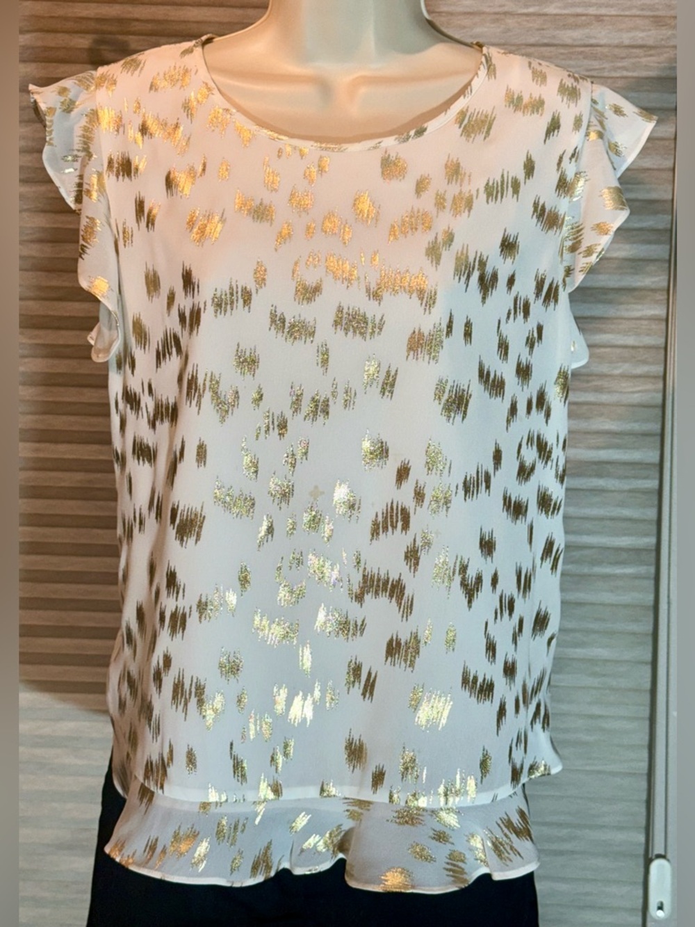 CeCe White Top with Gold Metallic Spot Print and Ruffle Hem